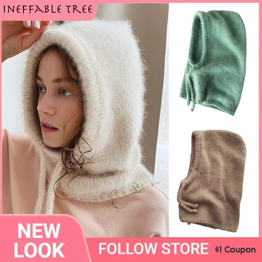 

Y2K Imitation Mink Balaclava Beanies Hat for Women Winter Warm Scarf and Neck Protection with Drawstring Knitted Gorras