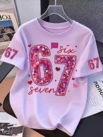 T-shirt pour filles, exclusif Saint-Valentin, avec paillettes, numéro 67, imprimé 3D créatif, t-shirt d'été à col rond pour enfants, vêtements d'extérieur 3