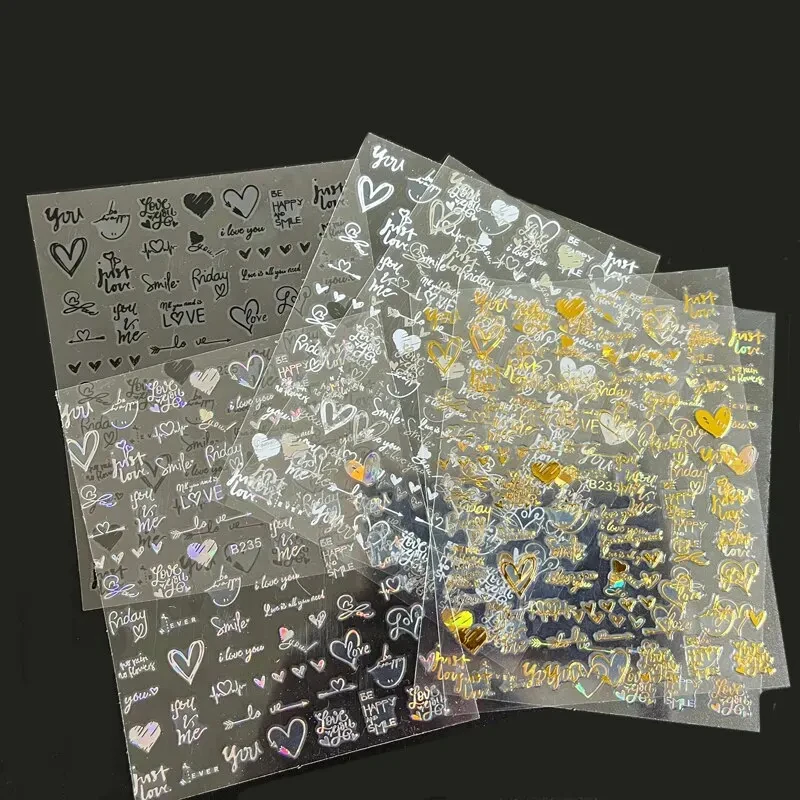 Nail Stickers 6Pcs/Pack Laser Gold Silver 3D Love Heart Letter Image Ins Style DIY Foils Accessories