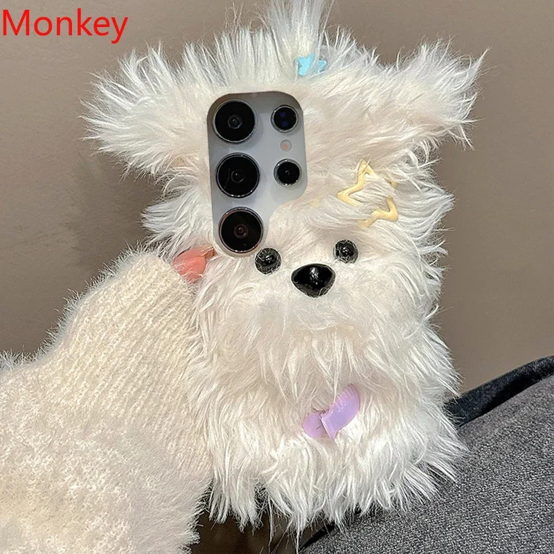 Fluffy Bow Puppy Plush Phone Case Cover
