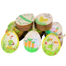10pcs Easter Egg Shaped Painted Wooden Chip Pendant Rabbit Bunny Wood Slices Hanging Ornament For Easter Party Home Decoration