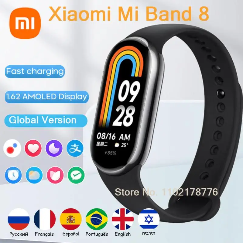 Xiaomi-Mi Band 8 Versão Global Pulseira Inteligente, Tela AMOLED, Oxigênio no Sangue, Rastreador de Fitness, Pulseiras Impermeáveis, 8 1.62