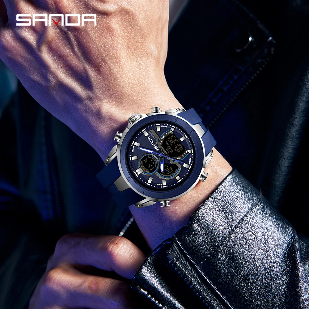 Men's Dual Display Waterproof Sports Watch with Large Dial and Luminous Features