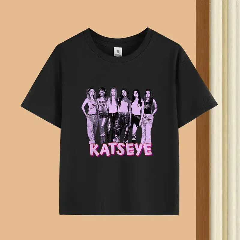KATSEYE 코리안 웨이브 티셔츠, 라운드넥 스타일, 여아 여름 상의, 반팔, 어린 아이들에게 적합, 선물로도 좋습니다.