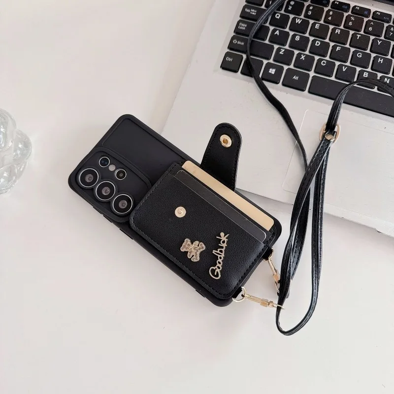 Diamond Bear Wallet Strap Case - Premium PU Leather Crossbody Lanyard Card Holder Cover