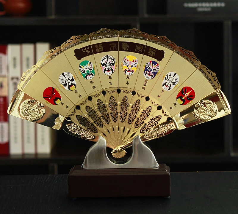 

TOP COOL foreign business gift CHINA beijing opera ART FACE PU gilding fan copper statue with box --Collector Edition