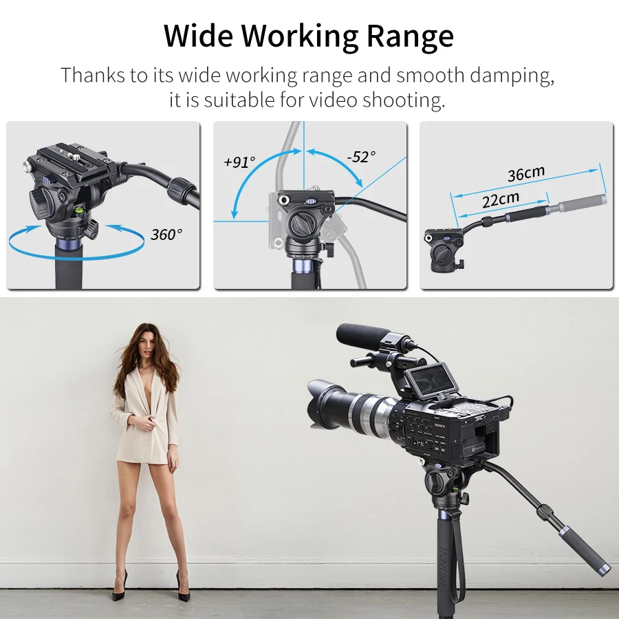 VM75CK Carbon Fiber Video Monopod Kit with Professional Fluid Head Removable Tri