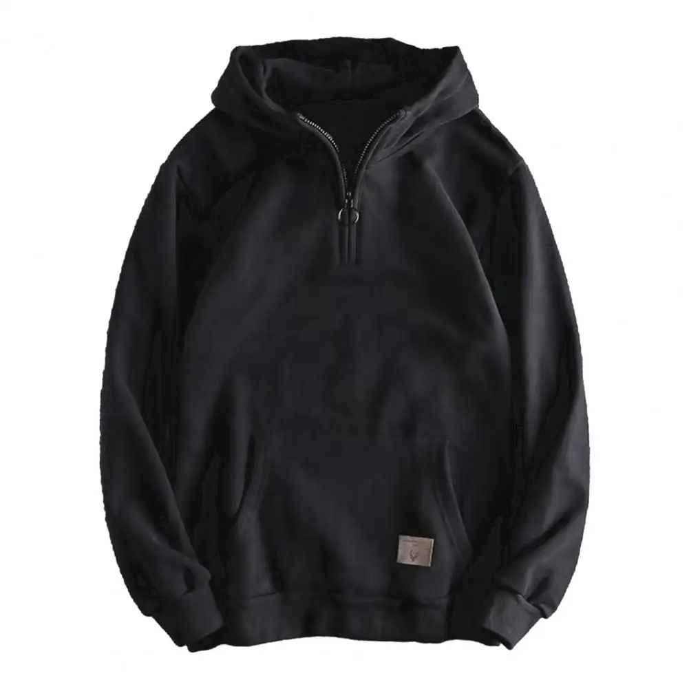 

Men Hoodie Thickened Hooded Men's Winter Hoodie with Zipper Decor Elastic Cuff Big Pocket Warm Stylish Streetwear Men Mid Length