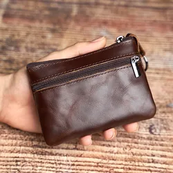 Vintage Brown Genuine Leather Mini Coin Purse with Zipper Pocket by NUPUGOO (Dark Caffee)