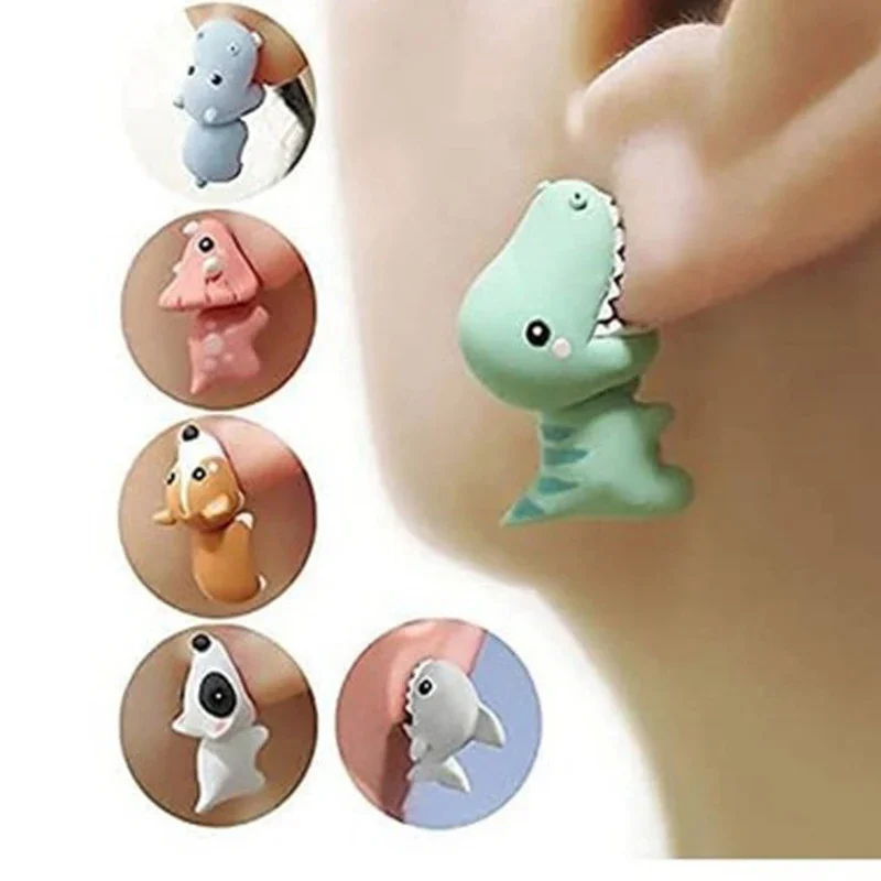 Cute Animal Bite Earring Cartoon Soft Clay Animal Orecchini Per Ragazza Tyrannosaurus Bite Orecchini Dinosauro Party Fun Gift