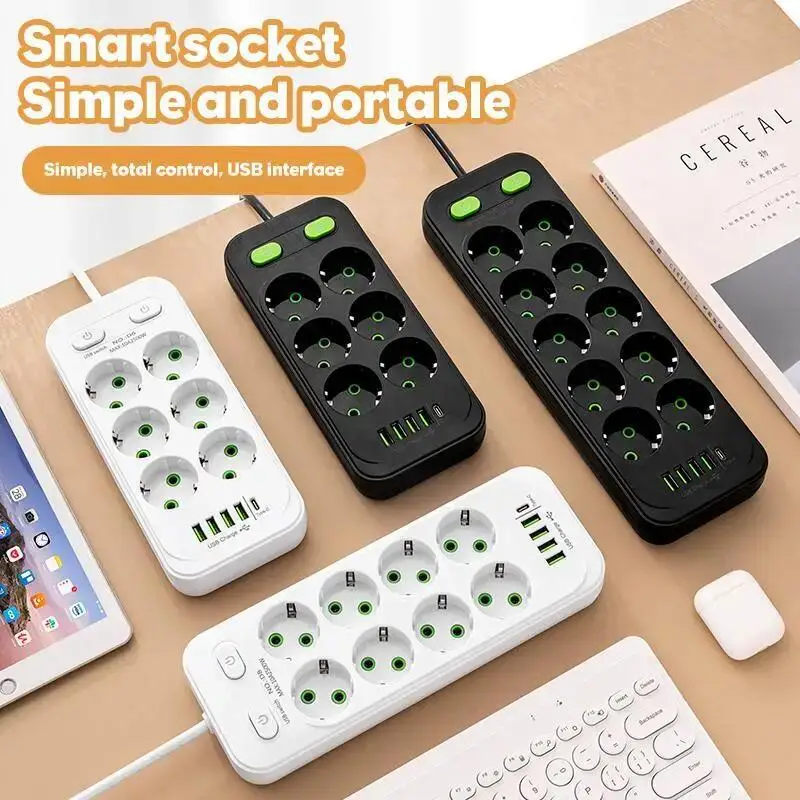Power Strip EU Plug AC Outlet Multitap Power Strip 2m Extension Cord Electrical Socket Smart USB Home Office Surge Protector Network Filter