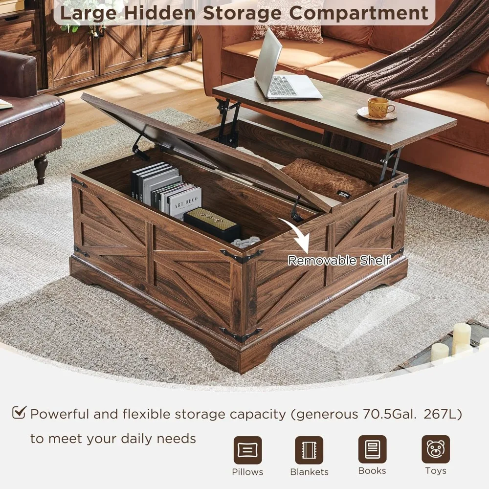 Farmhouse Lift Top Coffee Table with Storage, Wood Square Center Table with Large Hidden Compartment, Rustic Lift Tabletop 4
