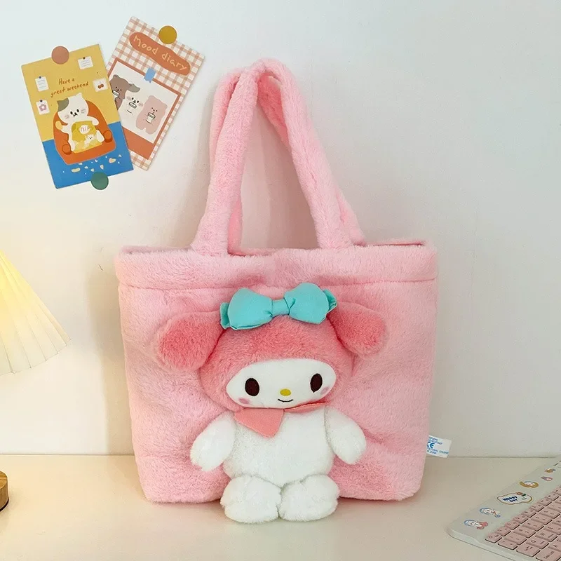 

Sanrio Kuromi Kawaii Anime Plush Shoulder Bag New Cute Sweet Lovely MyMelody Doll Furry Large Capacity Handbag Girl Gift 27cm