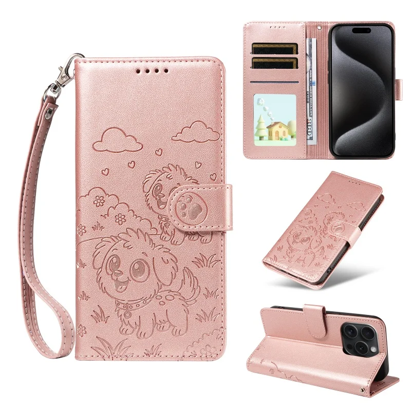 Love Dog Anti-Theft Leather Wallet Phone Case with Brush Lanyard and Card Holder