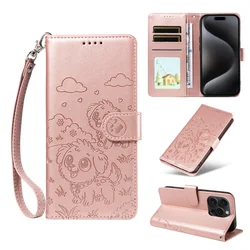 Love Dog Anti - Theft Leather Wallet Phone Case with Brush Lanyard and Card Holder - iPhone 14 (Pink)
