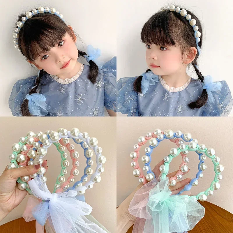 Children Pearl Ribbon Hair Hoop Cute Girl Mesh Headband Sweet Bow Decoration Hair Accessory Party Performance Gifts
