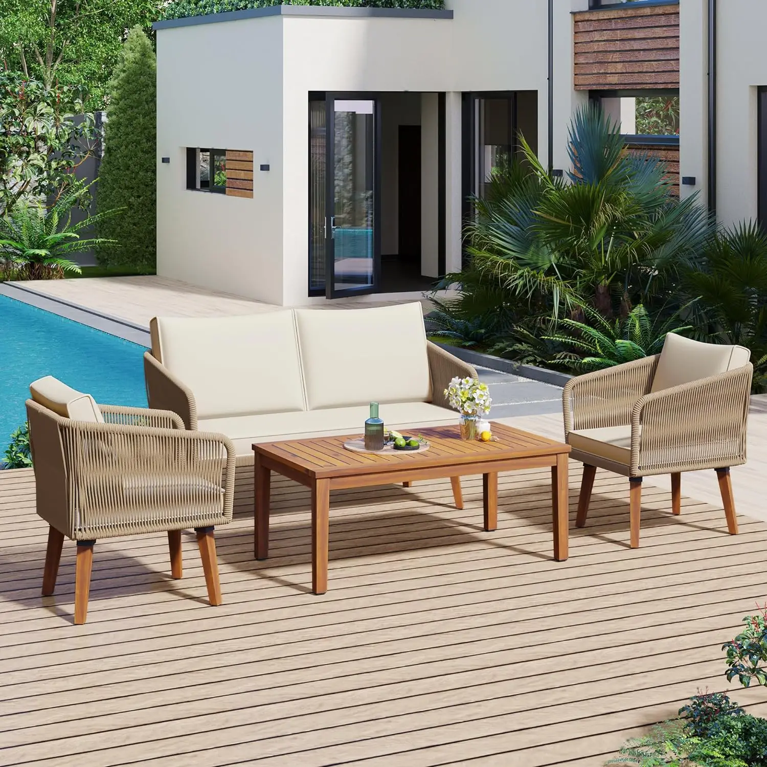 

Merax 4-Piece Patio Furniture, Outdoor PE Rattan Conversation Sets 1 Loveseat,2 Chairs and Acacia Wood Coffee Table for Backyard