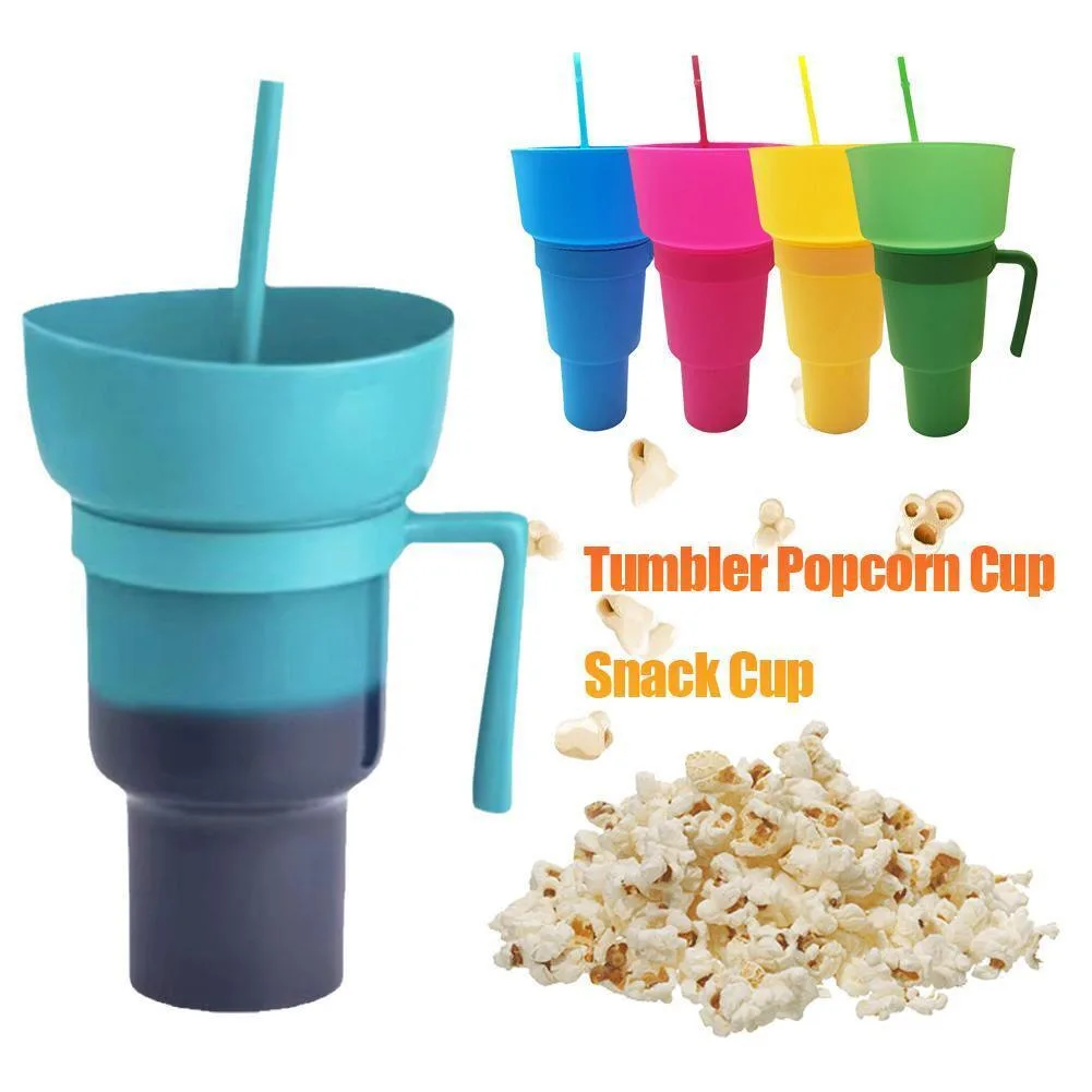 Multifunctional Creative Drinking Cup Popcorn and Drink 2-in-1 Straw Cup Snack Mug Portable Beverage with Handle, folding cup,snack bowl drink cup