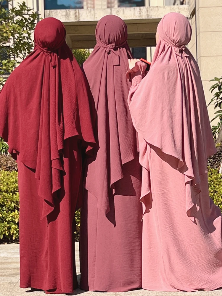 

Abaya Khimar Set 2 Piece Prayer Clothes Women Long Triangle Hijab Scarf+Smocked Cuff Dress Dubai Islam Muslim Outfit Ramadan Eid