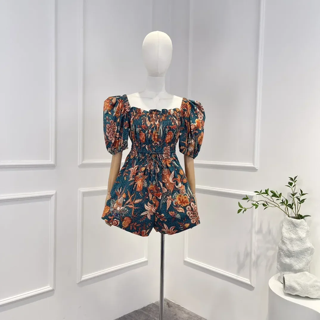 Cotton 2023 New Top Quality Floral Print Vintage Puff Sleeve Pleated Elastic Drawstring Waist Holiday Style Woman Playsuits