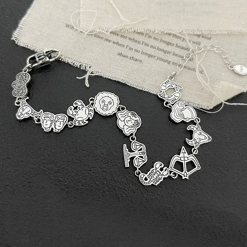 

925 Sterling Silver Bracelet Cartoon Cute Graffiti Punk Zodiac Adjustable For Woman Girl Fashion Jewelry Gift Dropship Wholesale
