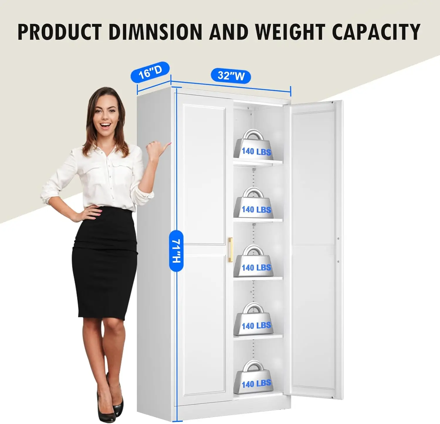 White Kitchen Pantry Cabinet, Pantry Storage Cabinet with Doors and Adjustable Shelves, Metal Food Pantry Cabinets with Handle 3