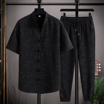 (قميص + بنطلون) 2022 الصيف النمط الصيني الرجال قميص القطن قمصان مربعة النقش الرجال عادية مرونة الخصر قمصان الرجال حجم M-5XL 4