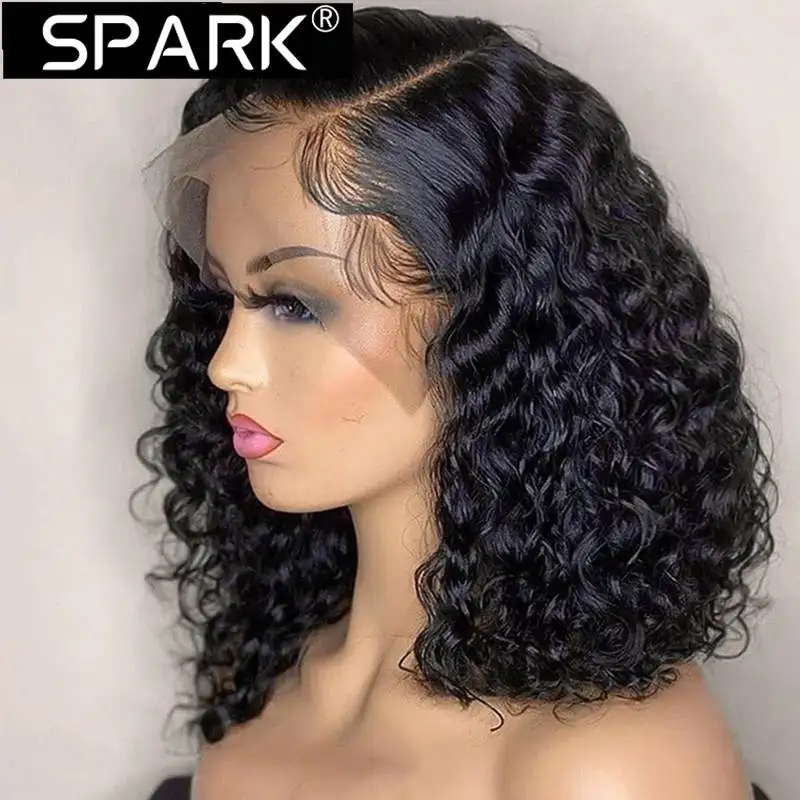 

Короткий парик SPARK Deep Wave 13x 4/4x 4/T/Side Part, 100% человеческие волосы, 1B бразильские волосы, прозрачное кружево, предварительно выщипанные 8-16 дюймов