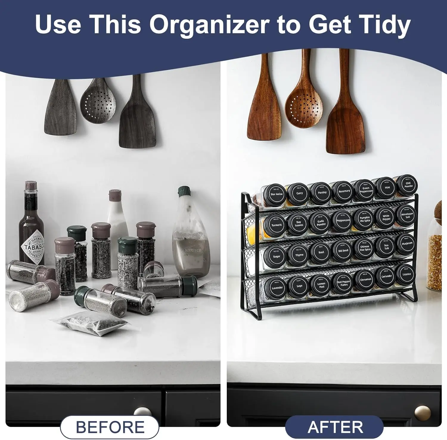 Spice Rack Organizer for Cabinet, Spice Organizer with 28 Empty Spice Jars with Black Lids 6