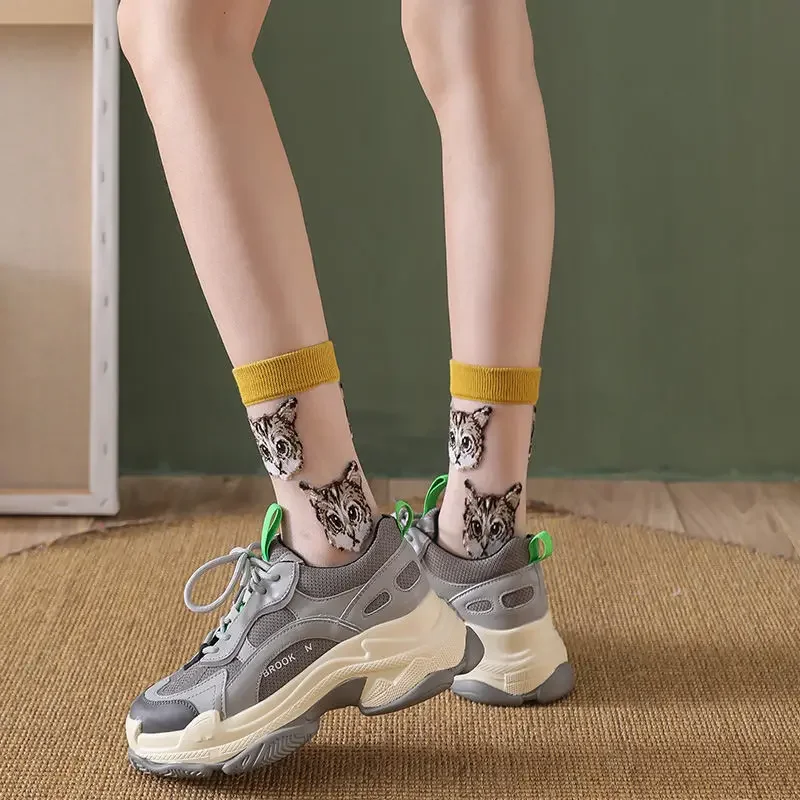 Women Transparent Cute Cat Socks Kawaii Ladies Japanese Fashion Korean Trendy Summer Thin Crystal Silk Sock Glass Fiber Stocking
