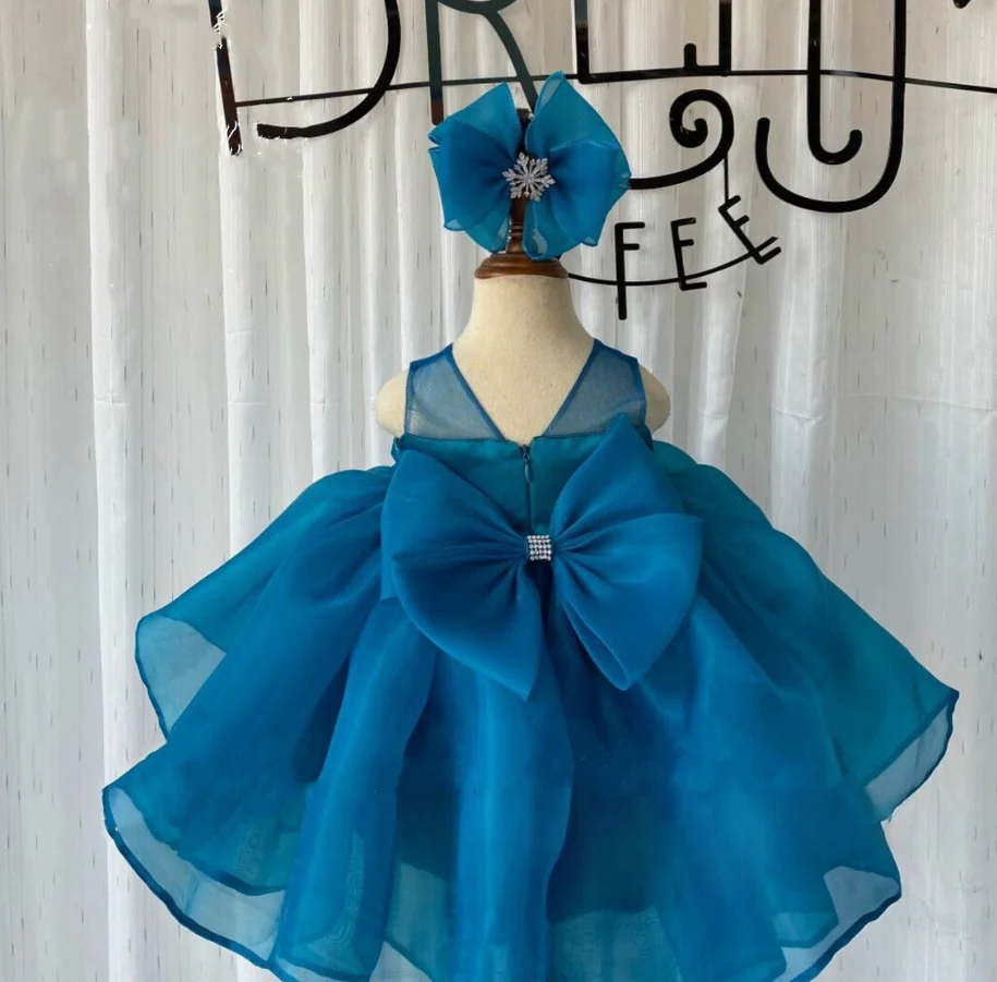 

Fluffy Flower Girl Dress Tutu Cloth Blue Organza With Big Bow Puffy Birthday Party Girls Prom Wedding Gown