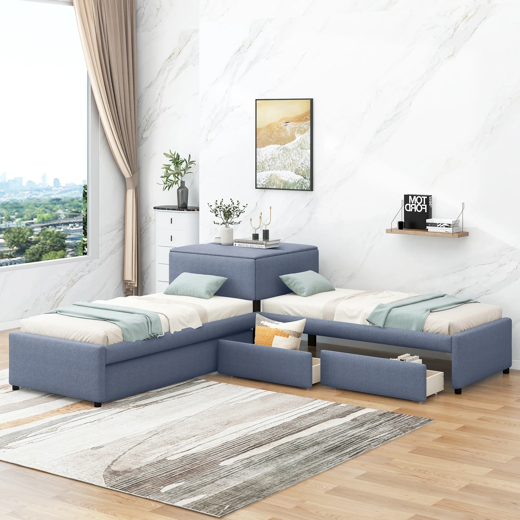 

L-shaped Upholstered Platform Bed with Trundle and Two Drawers Linked with built-in Desk,Twin,Gray