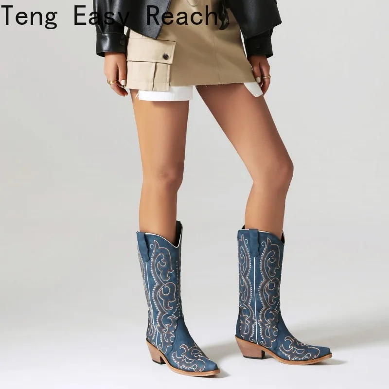 Pointed Toe Denim Fashion Knee High Mid Calf Boots for Women Retro Cowboy Cowgirls Western Boots Autumn Hot Sale Shoes 2023
