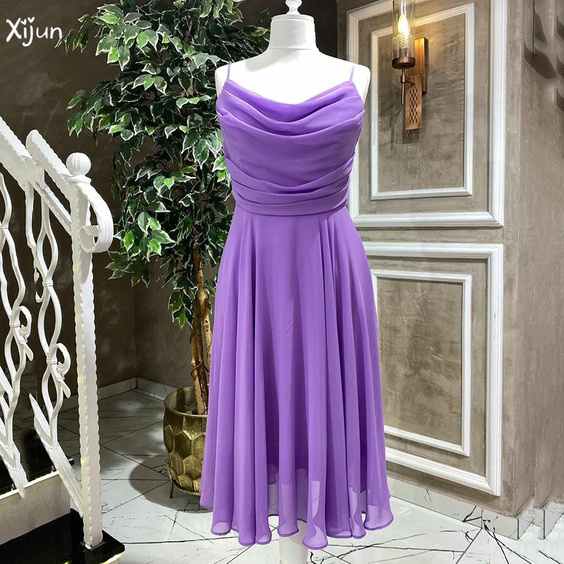 

Xijun Purple Straight Prom Gowns Spaghettip Strap Party Gown Pleated Sleeveless Evening Dresses Tea Length Robes De Soirée