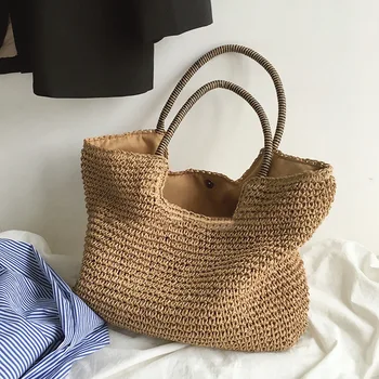 Borsa a tracolla intrecciata fatta a mano vintage da spiaggia da donna Borse per la spesa in rattan di rafia Borse casual da viaggio estive da donna bohémien 1
