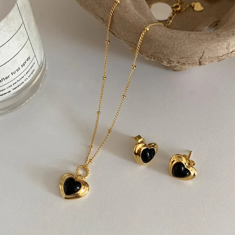 

925 Sterling Silver Necklace Heart Black Golden Pendant Geometric Stackable for Women Girl Jewelry Gift Dropshipping Wholesale