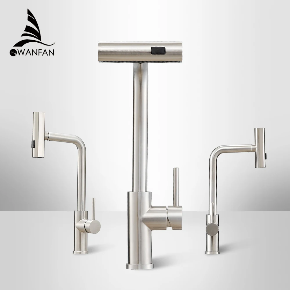 Kitchen Faucets Nickel 304 Stainless Steel Pull-out Kitchen Faucet Waterfall Hot And Cold Mixed Water Sink Tap Multi-function Rinse Rotate 3668