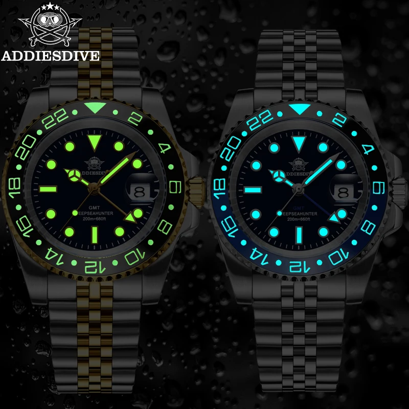 ADDIESDIVE Men's Watch C3 Super Luminous Ceramic Bezel 20Bar Waterproof 316L Stainless Steel GMT Quartz Watch reloj hombre