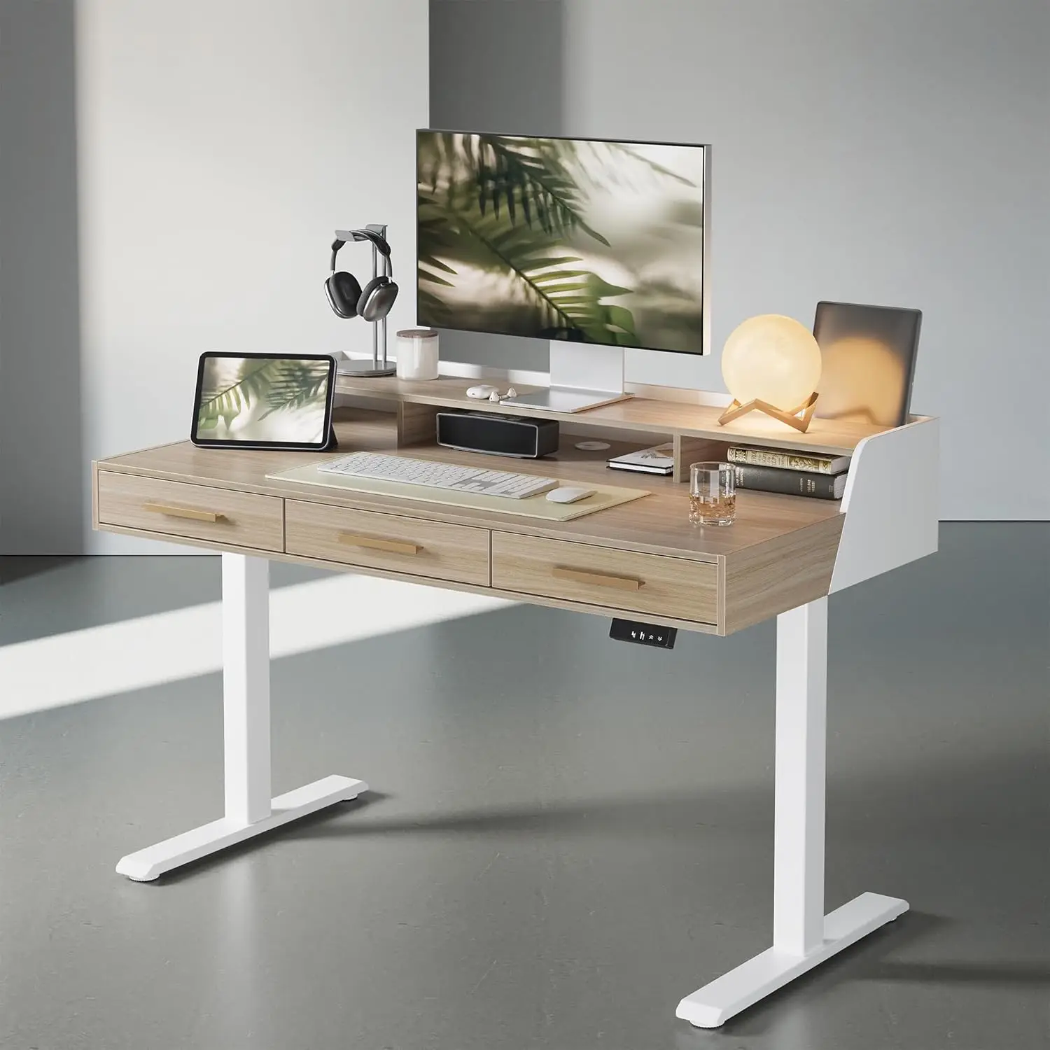 Standing Desk with 3 Drawers, 48 x 26 Inches Height Adjustable Desk with Monitor Shelf, Electric Stand Up Desk