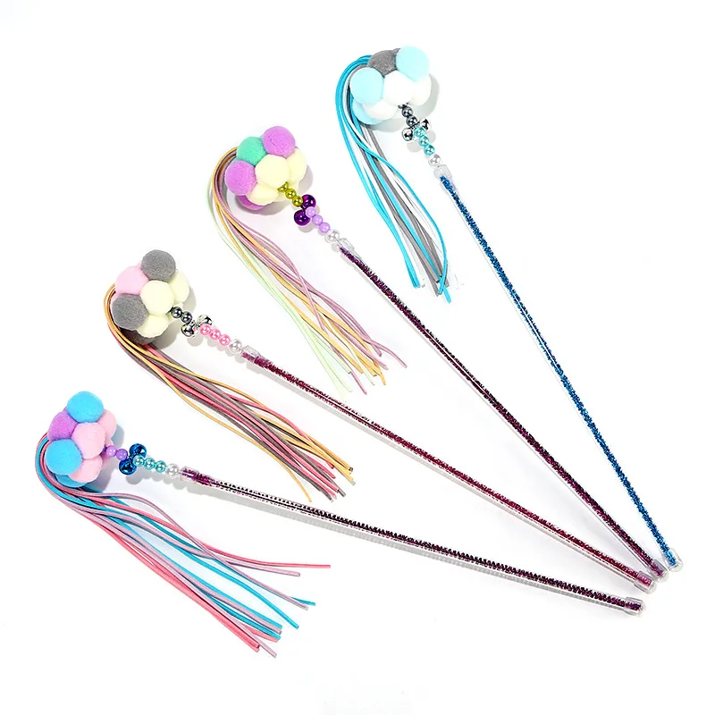 

Cat Teaser Wand Beaded Kitten Teaser Stick Cat Interactive Toy Colorful Pet Tassel Wand with Pompom and Bell Pet Supplies