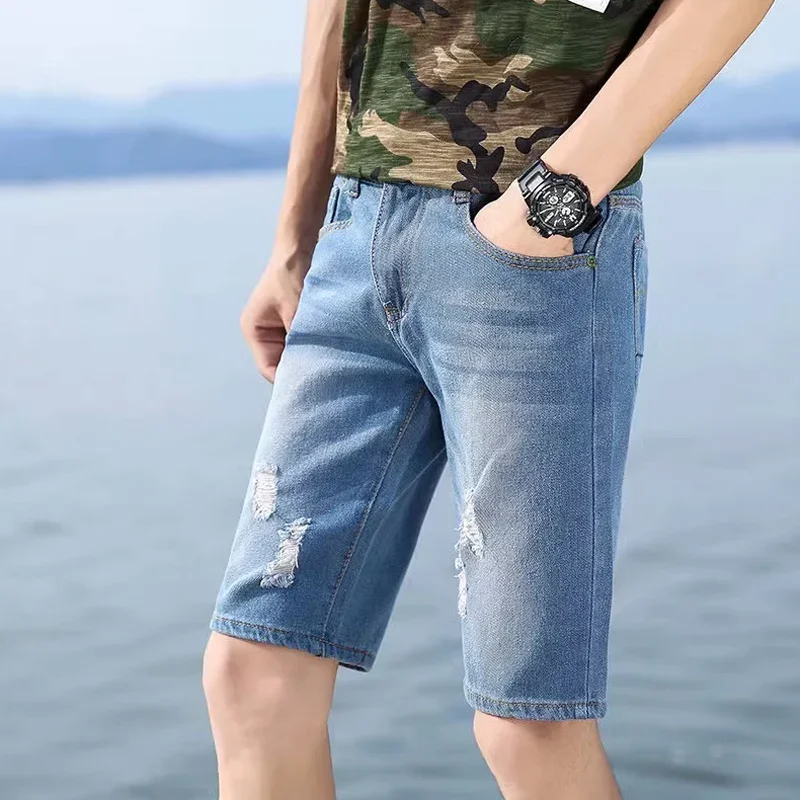 28-40 Men's Personalized Washable Perforated Denim Pants Large Casual Middle Pants