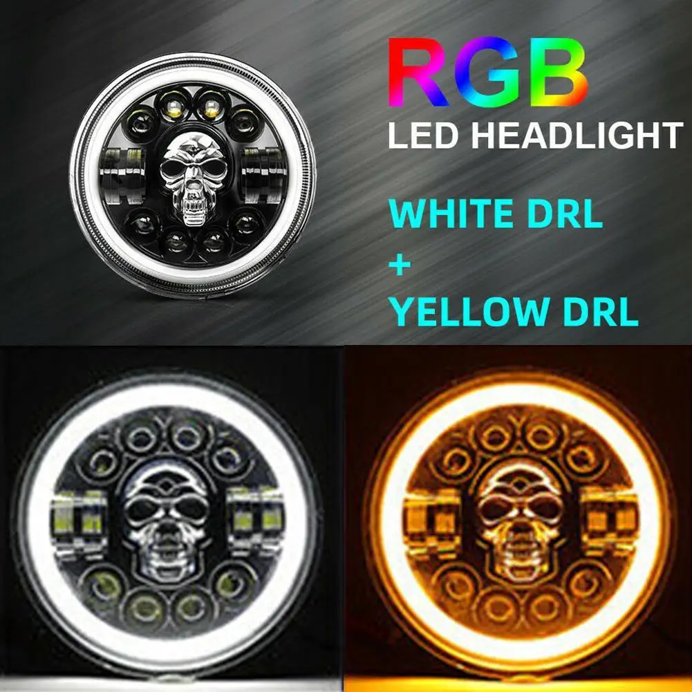 5.75/7 Inch Round LED Skull Headlight DRL With Turn Signal Angel Eyes Motorcycle Headlamps For Harley Davidson For Jeep Wrangler