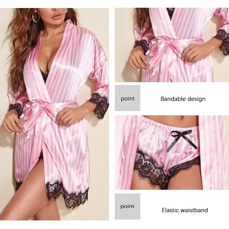 

Women's Summer Fashion And Comfortable Nightwear Lace Satin With Silk Sleepwear Robe Sexy Pajama Pants Home Clothes