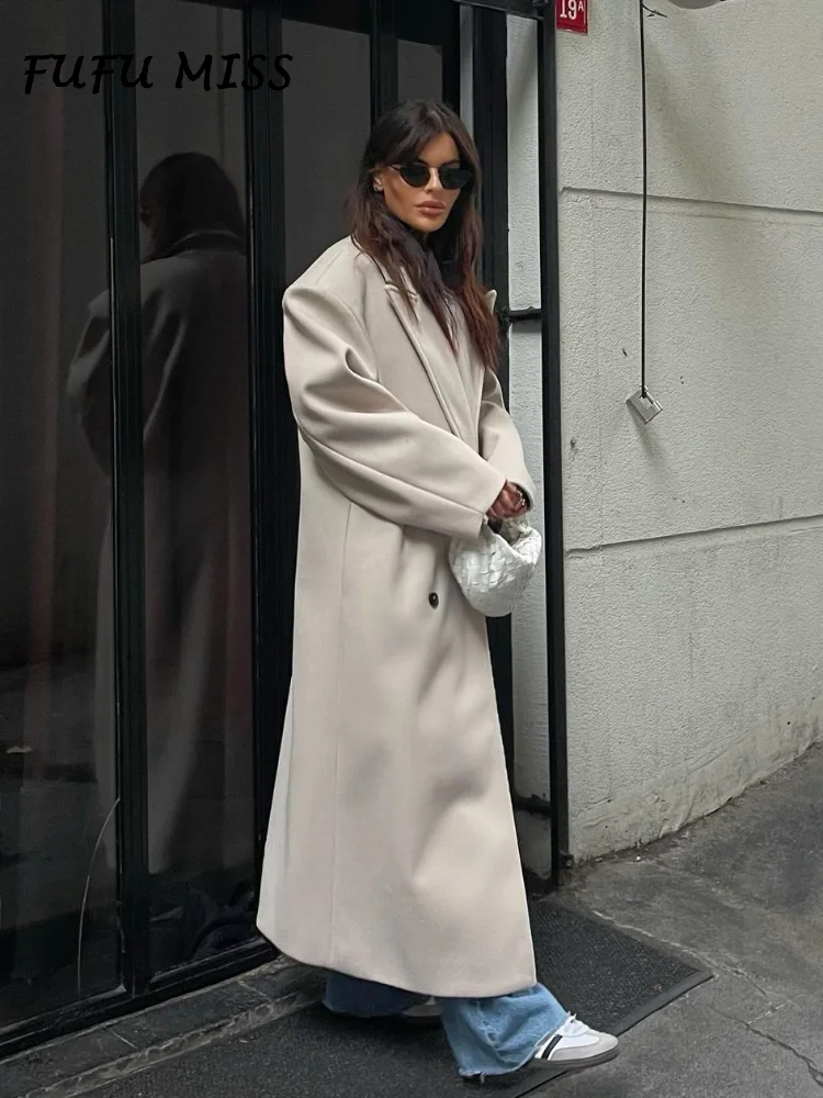 Solid Woolen Lapel Long Coats For Women Loose Full Sleeve Double Breasted Shoulder Pads Overcoats 2024 Autumn New Lady Outwears 5