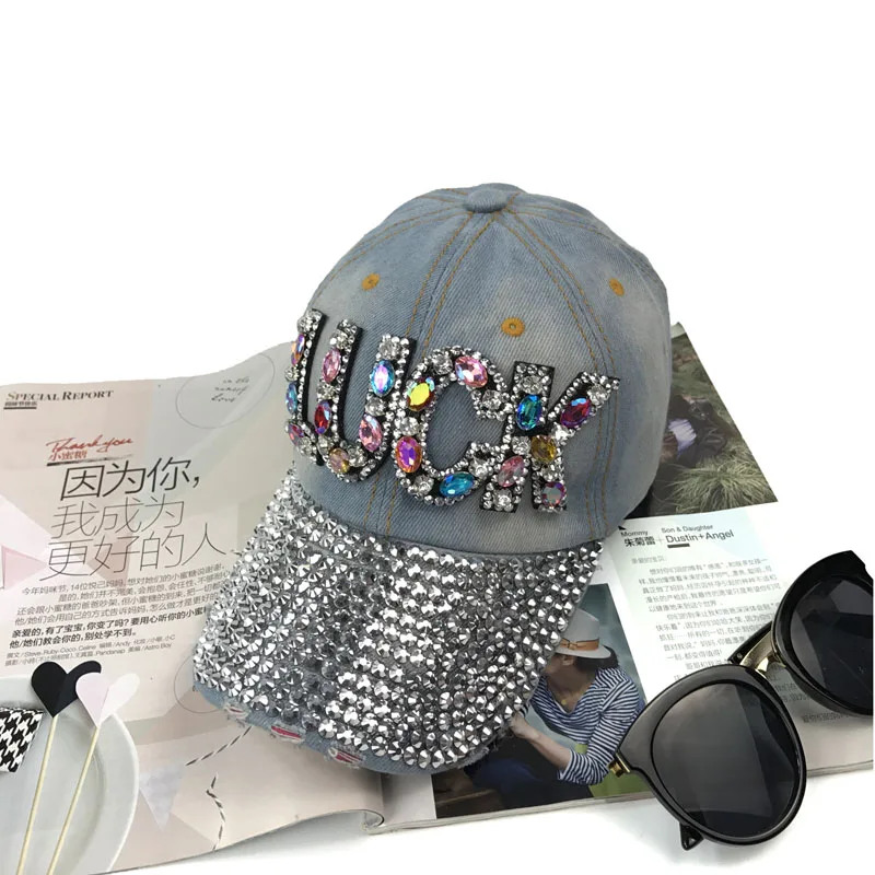 

Rhinestone Letter Studded Women Denim Casquette Cap Women Casual Spring Sun Visor Cap Summer Sports Vintage Cowboy Baseball Cap