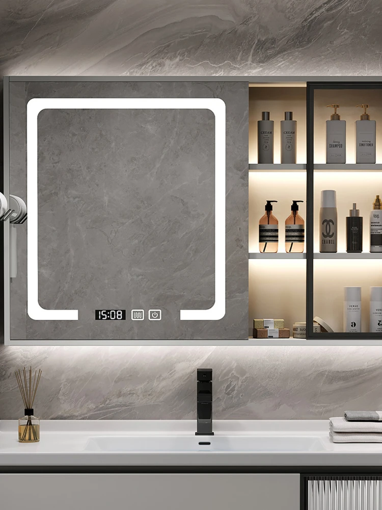 Solid wood smart bathroom mirror cabinet with lamp storage glass door defogging bathroom mirror wall-mounted type with rack