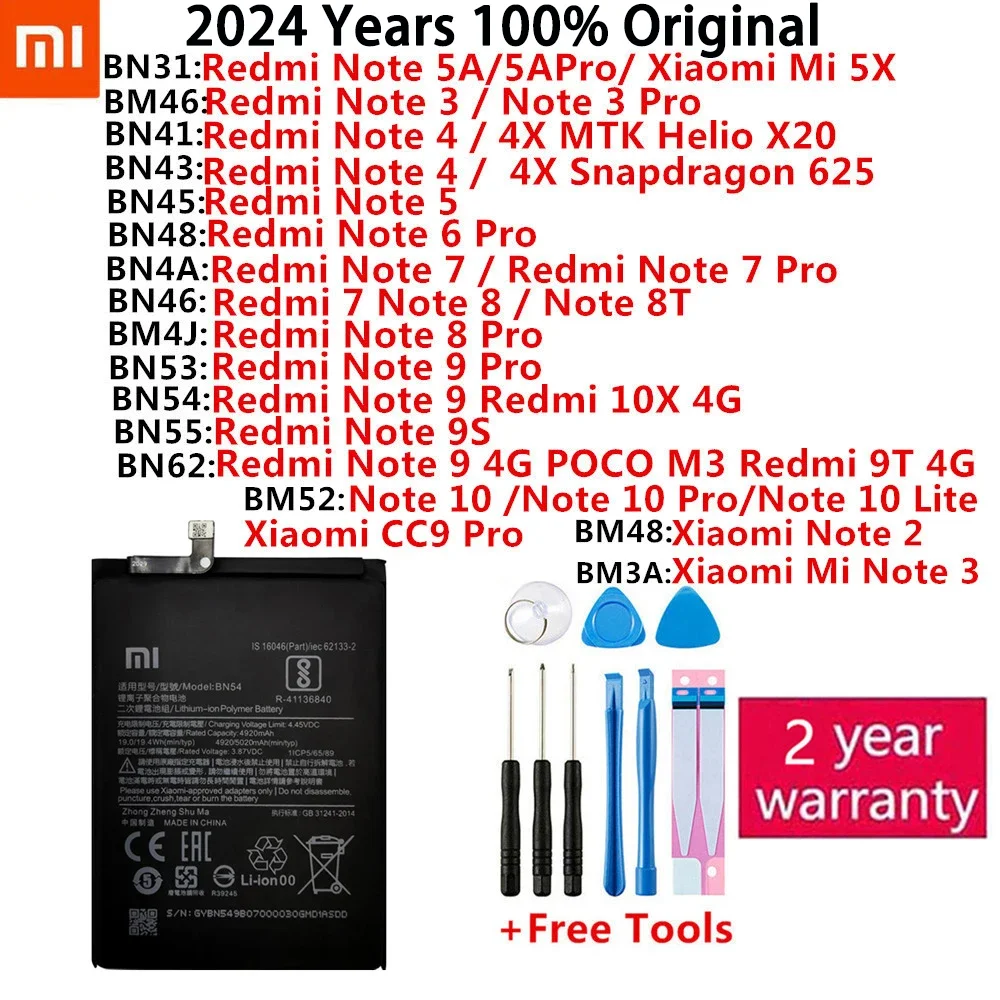 

100% Оригинальный аккумулятор Xiaomi Redmi Hongmi MI Note 2 3 4 4X 5A 5X 6 7 8 8T 9 9S 9T 10 10X 4G CCP Pro Lite, батареи для телефона
