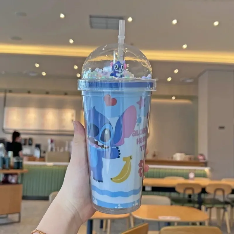 Disney Lilo & Stitch 450ML Angel Couple Water Cup Children Portable Plastic Double-layer Straw Kettle Bottle Birthday Gifts