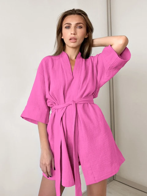 Crape Cotton Robe Women\'s Nightwear Mini Bathrobes Lace Up Sleepwear Muslin Women\'S Home Clothes Solid Color Robes Women Nightie