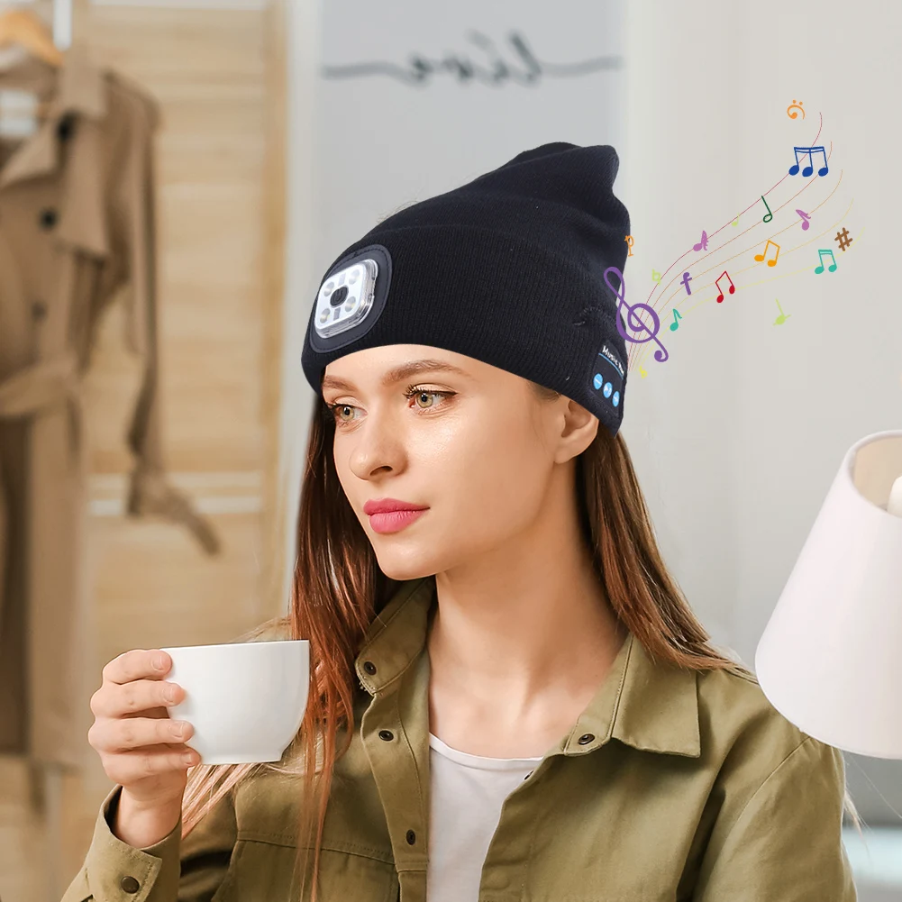 Bluetooth Beanie Hat with LED Headlamp and Wireless Headphones